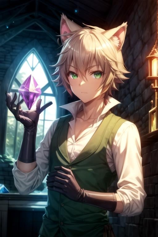 masterpiece, best quality, , 1boy, solo, male focus, looking at viewer, upper body, , , , <lora:elk_choujin_koukousei-tachi:0.82>, elk_choujin_koukousei-tachi, light brown hair, green eyes, , , cat ears, , The Crystal Cave: A fantastical place where gemstones and crystals grow in abundance,