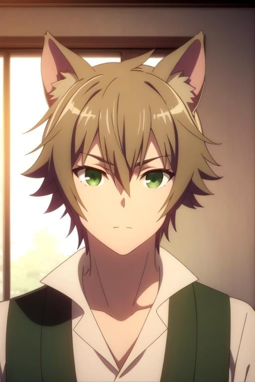 masterpiece, best quality, photorealistic, 1boy, solo, male focus, looking at viewer, upper body, , , , <lora:elk_choujin_koukousei-tachi:0.70>, elk_choujin_koukousei-tachi, light brown hair, green eyes, , animal ears,