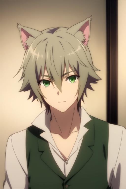 masterpiece, best quality, , 1boy, solo, male focus, looking at viewer, , , , realistic, <lora:elk_choujin_koukousei-tachi:0.70>, elk_choujin_koukousei-tachi, grey hair, green eyes, hair between eyes, animal ears, cat ears