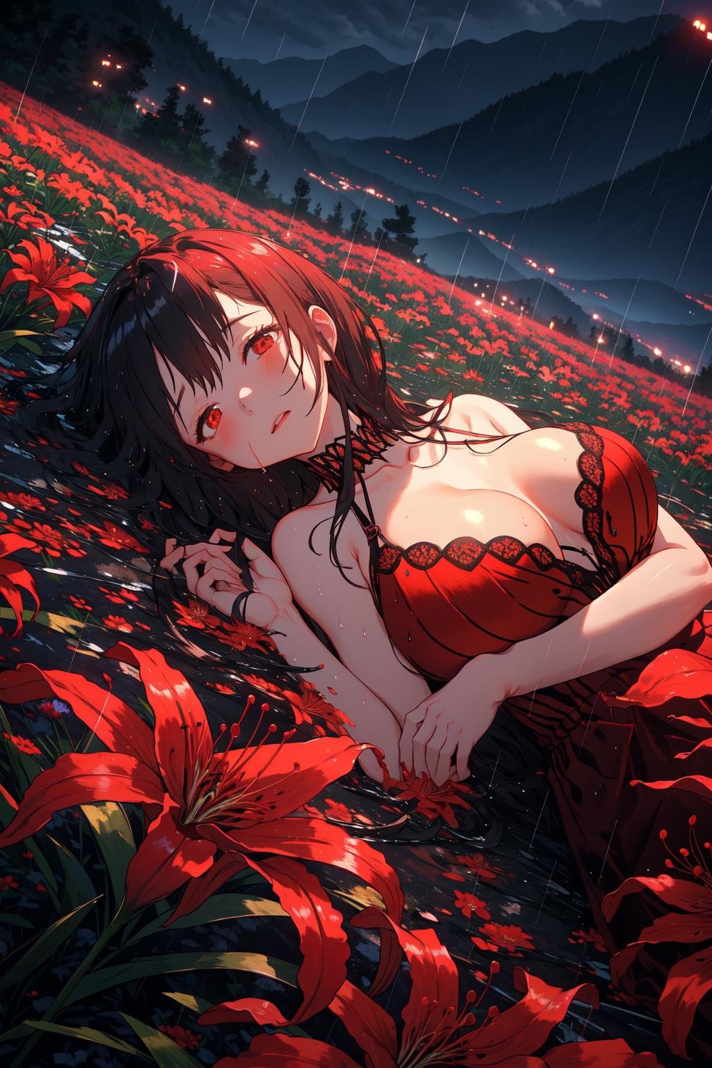 masterpiece, best quality, 1girl, red spider lily, big breasts, too many spider lilies, dof, rainy,  flower field, mountain, night, lying,  <lora:spider_lily-000010:0.7>