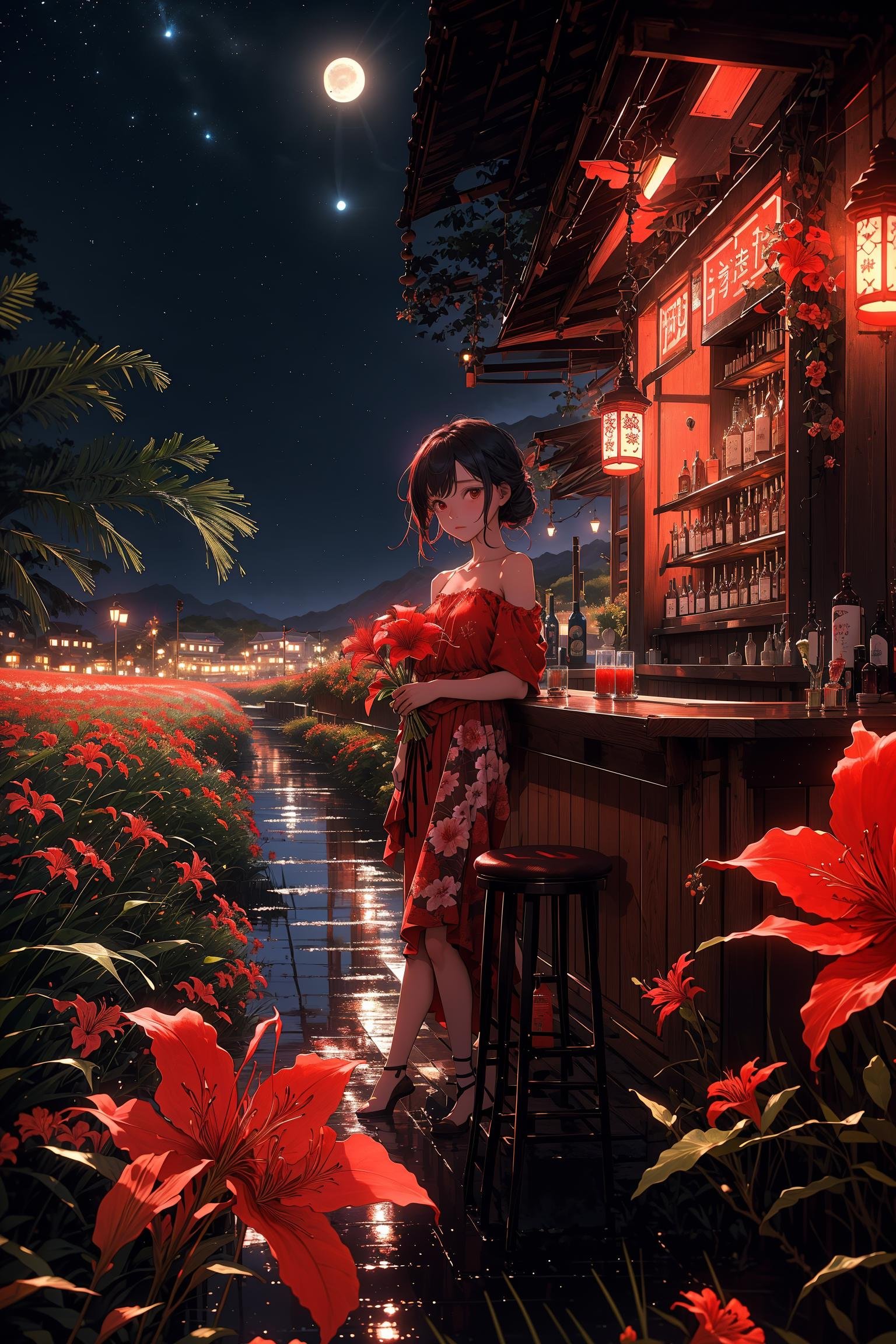 masterpiece, best quality, 1girl, red spider lily, blurry, at night, (bar:1.2), closed to the sea, bottle, bare shoulder, (red flower field:1.2), building, (water:1.1), moonlight, looking at viewer,  <lora:spider_lily-000010:0.75> 