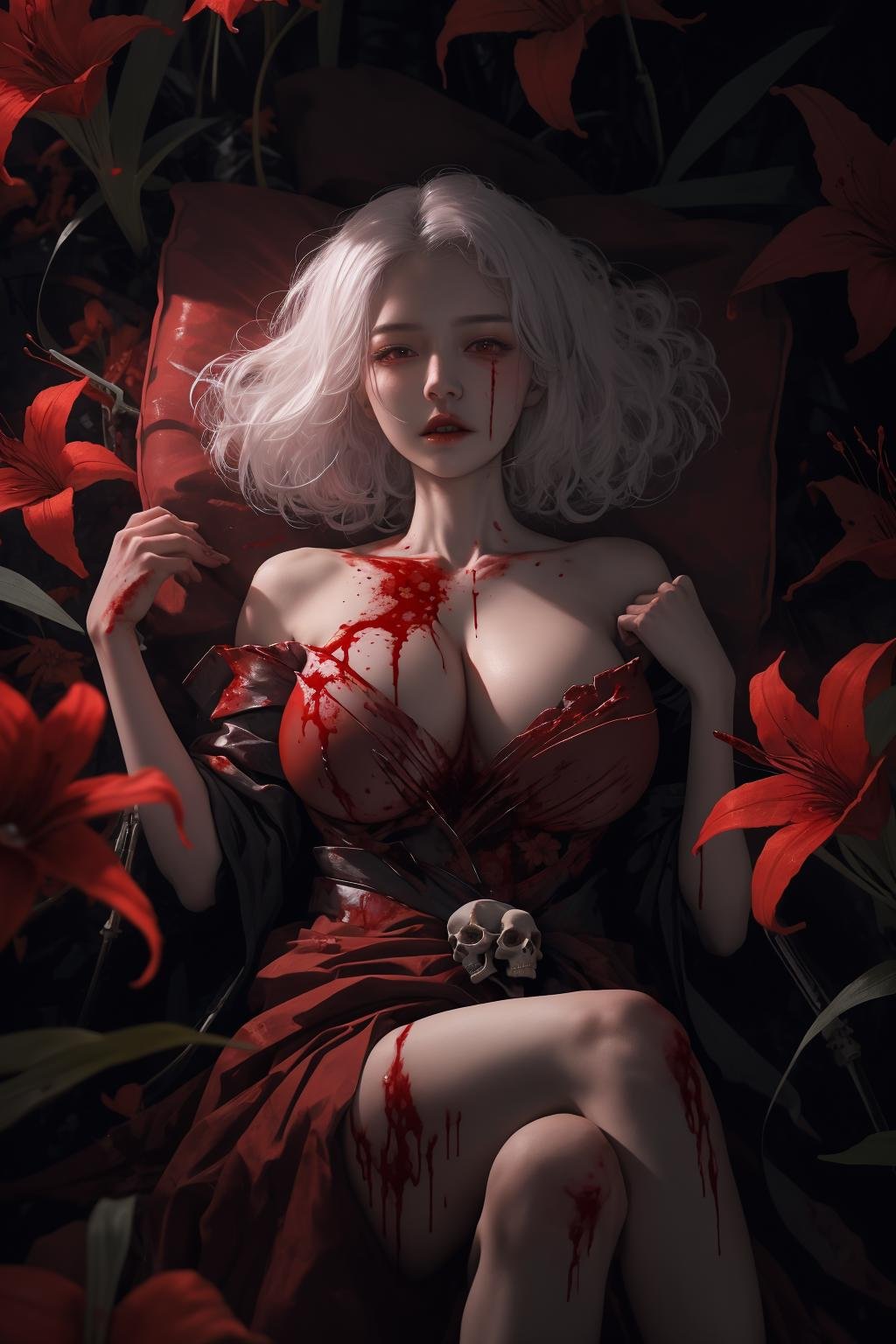 masterpiece, best quality, 1girl, red spider lily, (red flowers:1.2), flower field, scenery, red theme, big breasts, bare shoulders, white hair, looking at viewer, dynamic pose, dark, night, drinking, (blood:1.3) ,(skull:1.3), lying <lora:spider_lily-000010:0.8> 