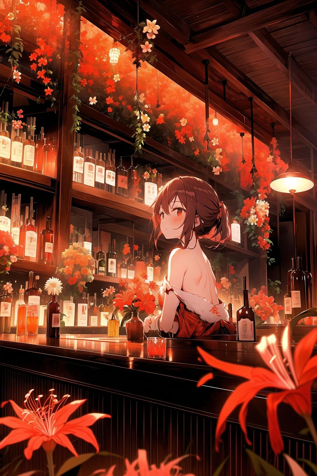 masterpiece, best quality, 1girl, red spider lily, blurry, at night, (bar:1.2), bottle, bare shoulder, red theme, flower field, <lora:spider_lily-000010:0.8> 