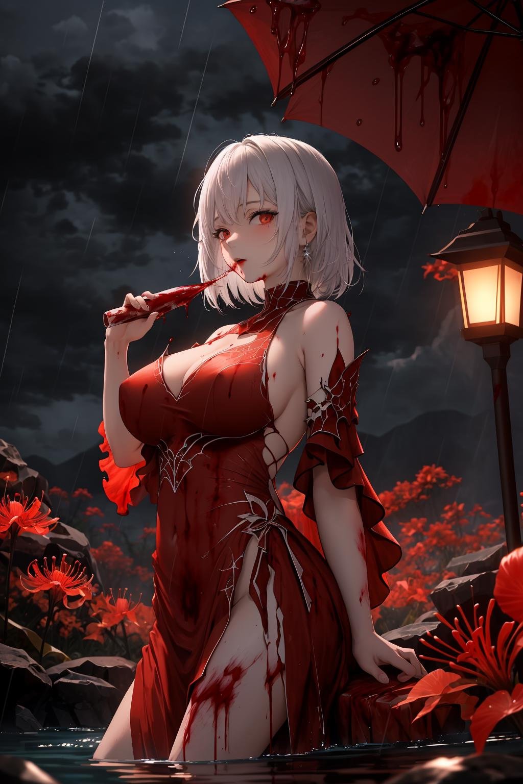 masterpiece, best quality, 1girl, red spider lily, scenery, red theme, big breasts, bare shoulders, white hair, looking at viewer, dynamic pose, dark, rain, night, drinking, sea, sky, pool of blood, (blood:1.3) <lora:spider_lily-000010:0.6> 