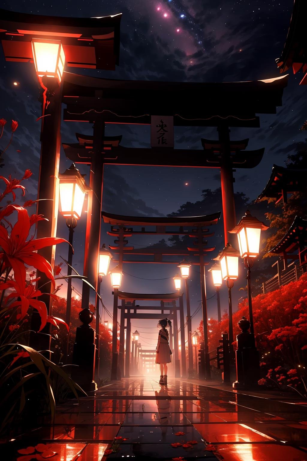 masterpiece, best quality, 1girl, red spider lily, starry sky, building, red flowers, scenery, red theme, lamppost, torii, <lora:spider_lily-000010:0.9>