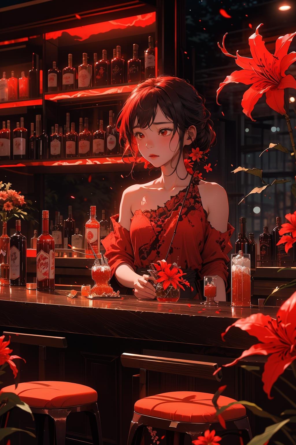 masterpiece, best quality, 1girl, red spider lily, blurry, at night, (bar:1.2), bottle, bare shoulder, red theme, flower field, <lora:spider_lily-000010:0.8> 