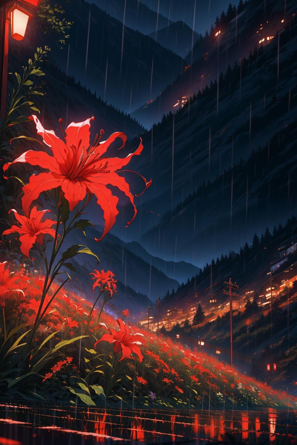 masterpiece, best quality, red spider lily, too many spider lilies, dof, rainy, (torii:0.6), flower field, mountain, bar, night, <lora:manjusaka:0.1>  <lora:spider_lily-000010:0.8>