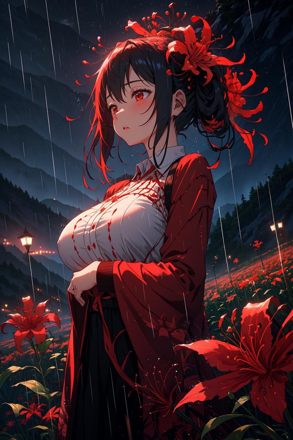 masterpiece, best quality, 1girl, red spider lily, big breasts, too many spider lilies, dof, rainy,  flower field, mountain, night,  <lora:spider_lily-000010:0.7>