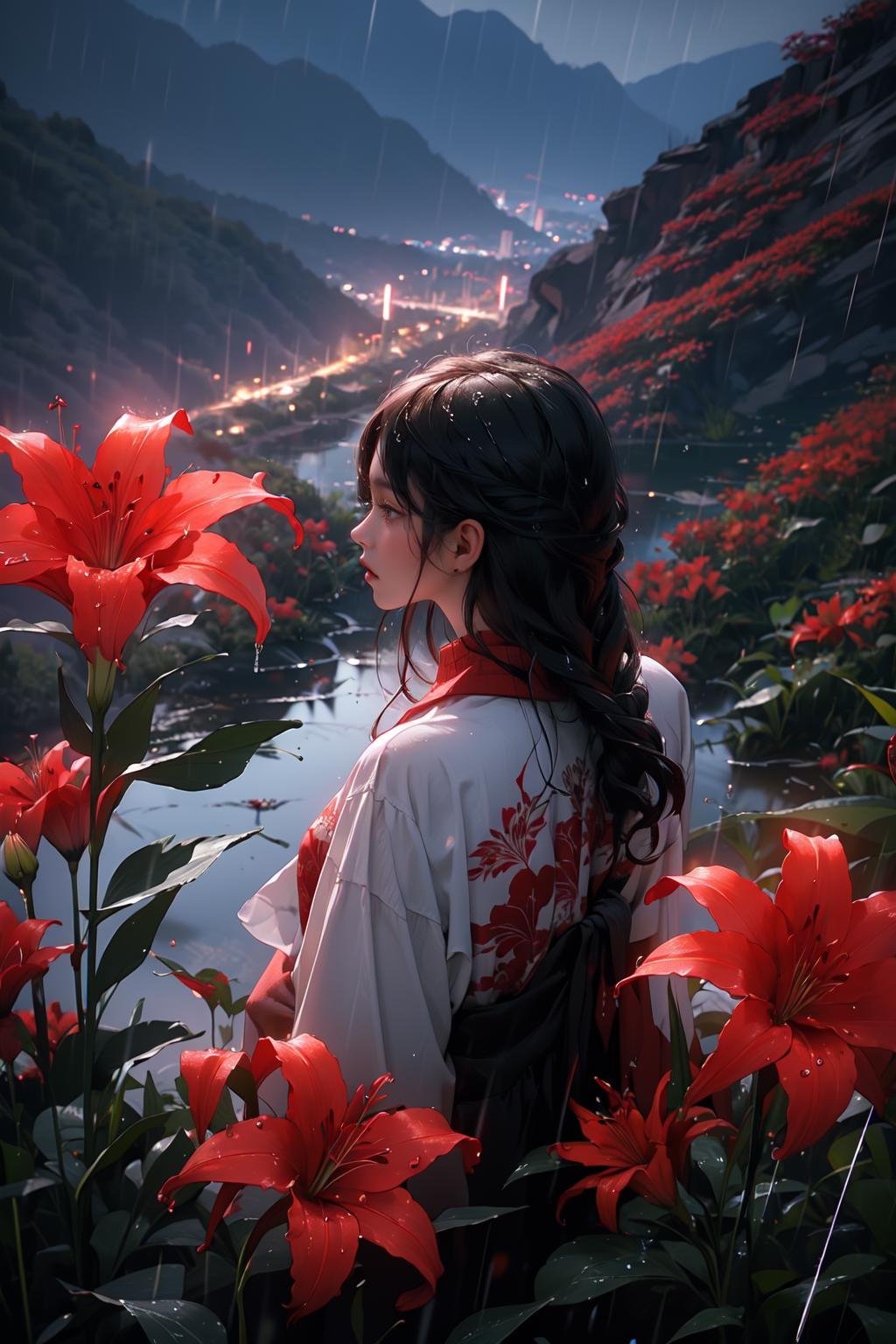 1girl,spider lily,red flowers,rain,sky,<lora:spider_lily-000010:1>,mountain,long hair,upper_body,from_above,