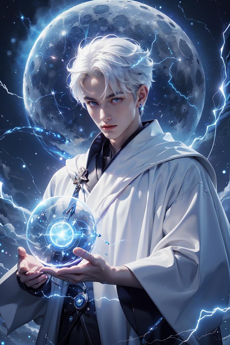 best quality,masterpiece,absurbres,super-resolution,1male,magic circle,upper_body,white hair,single focus,front,White robe,glowing blue wings,glowing blue weapons,(moon, starry sky, meteor),<lora:AIThunderMagic-22:0.7>,thundermagic,excessive energy,charged aura,