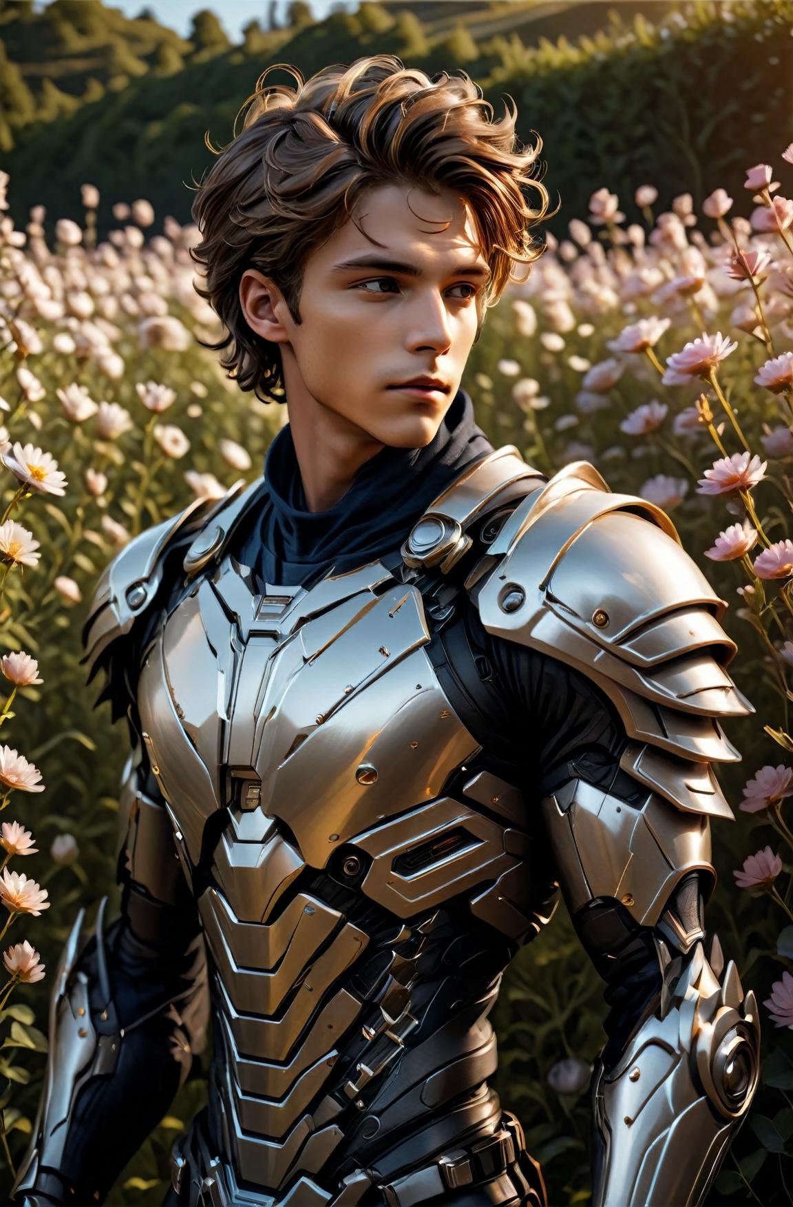masterpiece, photorealistic highly detailed 8k photography, best cinematic quality, volumetric lighting and shadows, sharp intricate details, <lora:hadesarmorXL:1> light brown blowout young man in Platinum hdsrmr, field of flowers background
