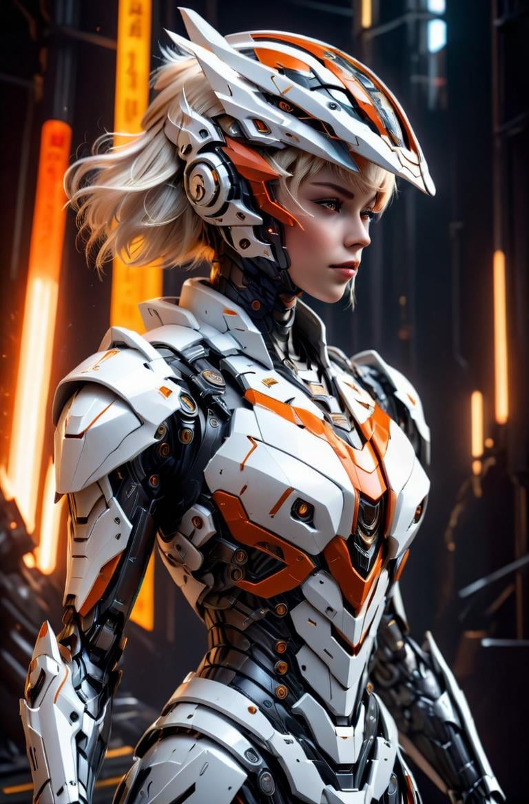 masterpiece, photorealistic highly detailed 8k photography, best cinematic quality, volumetric lighting and shadows, sharp intricate details, <lora:hadesarmorXL:1> platinum blonde fringe young woman in Burnt Orange hdsrmr, mecha helmet, Standing with one hand shading the eyes, cosmic background