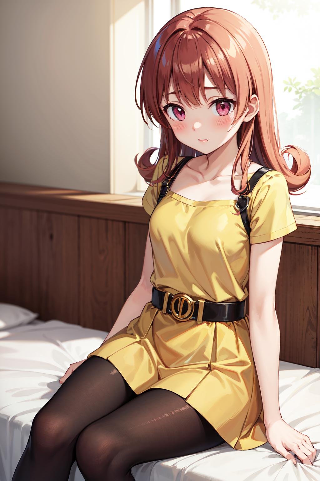 masterpiece,best quality,highres,ultra-detailed,alena,long hair,curly hair,pink eyes,yellow dress,short sleeves,belt,skirt,black pantyhose,<lora:alena:0.8>,indoors,bed,sitting,embarrass,blush,