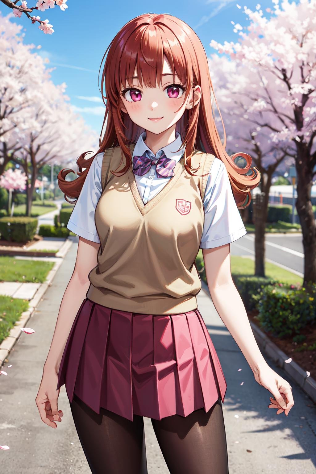 masterpiece,best quality,highres,ultra-detailed,alena,long hair,curly hair,pink eyes,<lora:alena:0.8>,pantyhose,outdoors,cherry blossoms,street,smile,(school uniform:1.2),sweater vest,