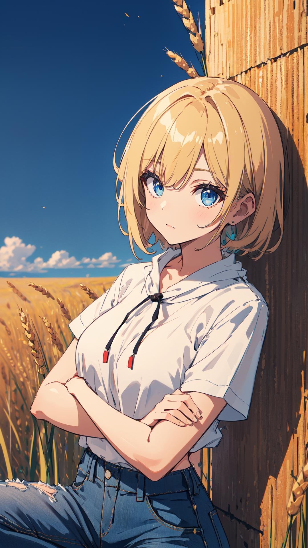 (high quality, best quality, 4k, 2k, (intricate:1.1), (high detail:1.3)), (Golden wheat fields stretching to the horizon, depth of field), (official wallpaper, volumetric lighting, dynamic lighting),1girl, solo, Tan hair, Powder blue eyes, medium breasts,Tousled Top with Taper Fade, Wrap-front blouse with a ruffled peplum hem, High-waisted denim jogger pants with a drawstring waist,Sarcasm,looking at viewer, squatting, crossed arms, 