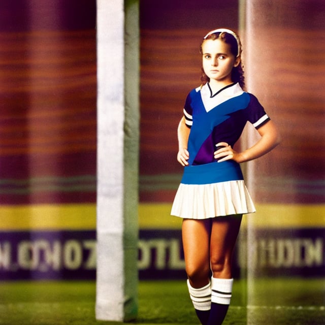 Full body photo of girl wearing a velezkappa skirt, velezkappa jersey, photo by Annie leibovitz 