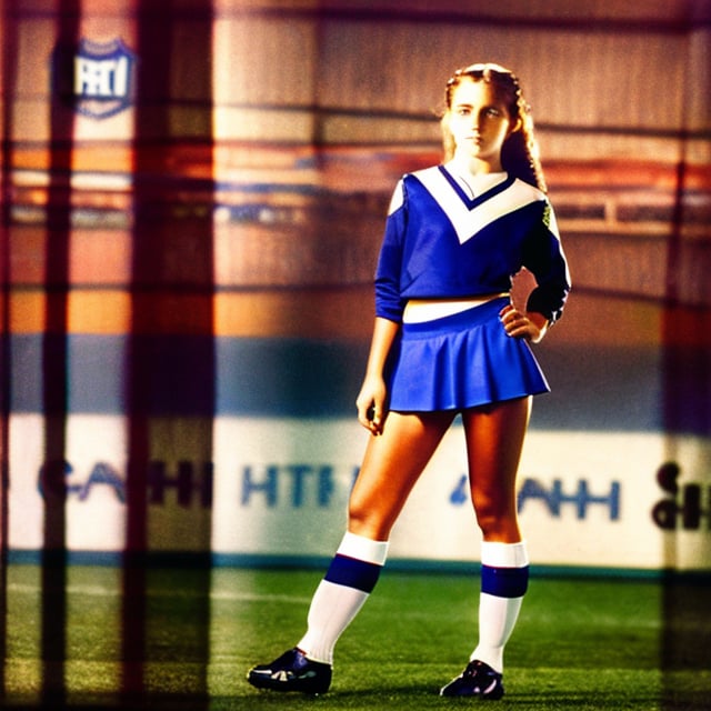 Full body photo of girl wearing a velezkappa skirt, velezkappa jersey, photo by Annie leibovitz 