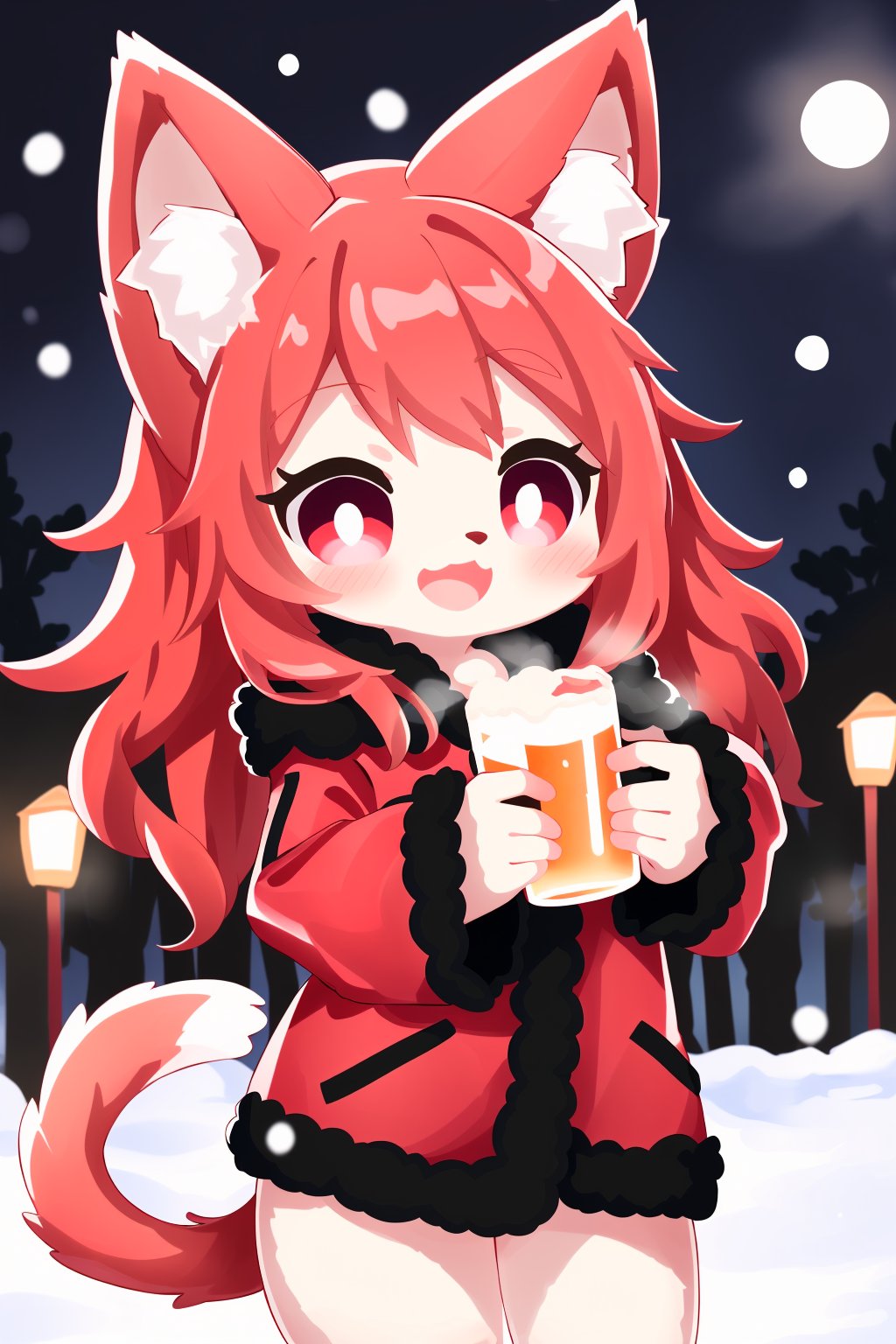 (furry, furry female:1.2), (cheek fluff:1.2), cat ears, tail, outdoor, night, light, long hair, red_eye, snow, fur coat, ❤️, 🍺, open_mouth, happy