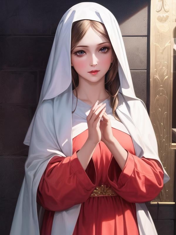 1girl, <lora:Virgin_Mary_v1:0.8>virgin mary, standing,, <lora:flatBG:-0.5> ,<lora:flat2:-0.5>,(dark light:1.2),(hyper extreme detailed),(masterpeace:0.5),(hyper extreme),(photorealistic),game cg,llustration,novel illustration,beautiful lighting,light from the front,good_hands,beautiful art ,BREAK, <lyco:GoodHands-beta2:1.3>,(good hand,nice hands, perfect hands:1.3),(five finger:1.4),straight fingers,perfect fingers,beauty fingers,beauty  hand,