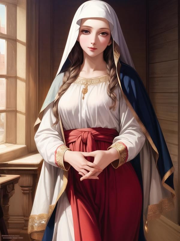 1girl, <lora:Virgin_Mary_v1:0.8>virgin mary, standing,, <lora:flatBG:-0.5> ,<lora:flat2:-0.5>,(dark light:1.2),(hyper extreme detailed),(masterpeace:0.5),(hyper extreme),(photorealistic),game cg,llustration,novel illustration,beautiful lighting,light from the front,good_hands,beautiful art ,BREAK, <lyco:GoodHands-beta2:1.3>,(good hand,nice hands, perfect hands:1.3),(five finger:1.4),straight fingers,perfect fingers,beauty fingers,beauty  hand,