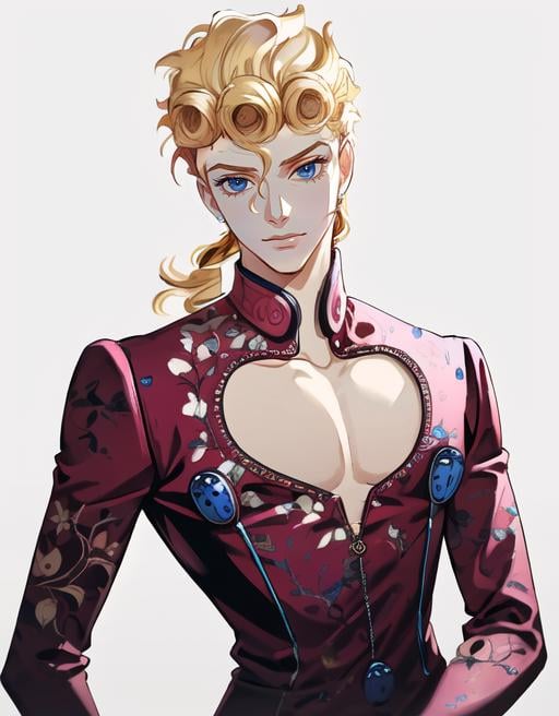 floral pattern on suit, detailed face, giorno giovanna, (masterpiece:1.3), (best quality:1.1), ((1boy)), ((solo)), blonde hair, blue eyes, suit, pectorals, (finely detailed eyes and detailed face:1.3), (beautiful background:1.2),  <lora:giornogiovanna:0.9> 