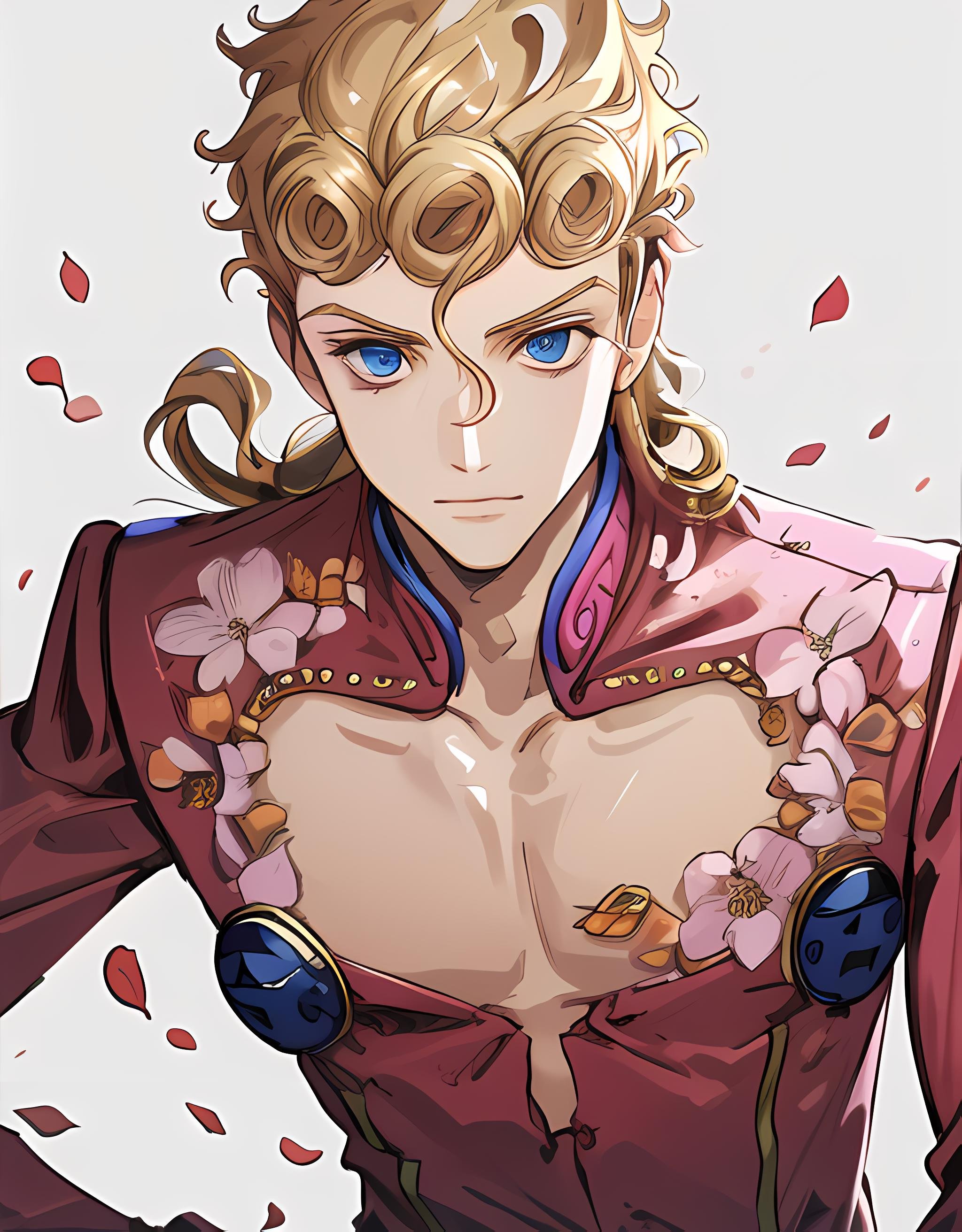 floral pattern on suit, detailed face, giorno giovanna, (masterpiece:1.3), (best quality:1.1), ((1boy)), ((solo)), blonde hair, blue eyes, suit, pectorals, (finely detailed eyes and detailed face:1.3), (beautiful background:1.2),  <lora:giornogiovanna:0.9> 