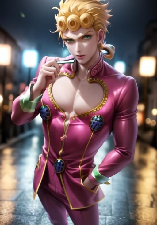 <lora:giornojojo:1.2> anime style, ((solo)). fullbody, pectorals, giorno, jojo, gionojojo, pink suit, pink top, 1boy, male, blonde hair, green eyes, eyelashes, clear eyes, character portrait ((colorful))    ((detailed dbackground, italy, night lights, 4k)) <lora:sakimiChanLora_v10:1> sakistyle