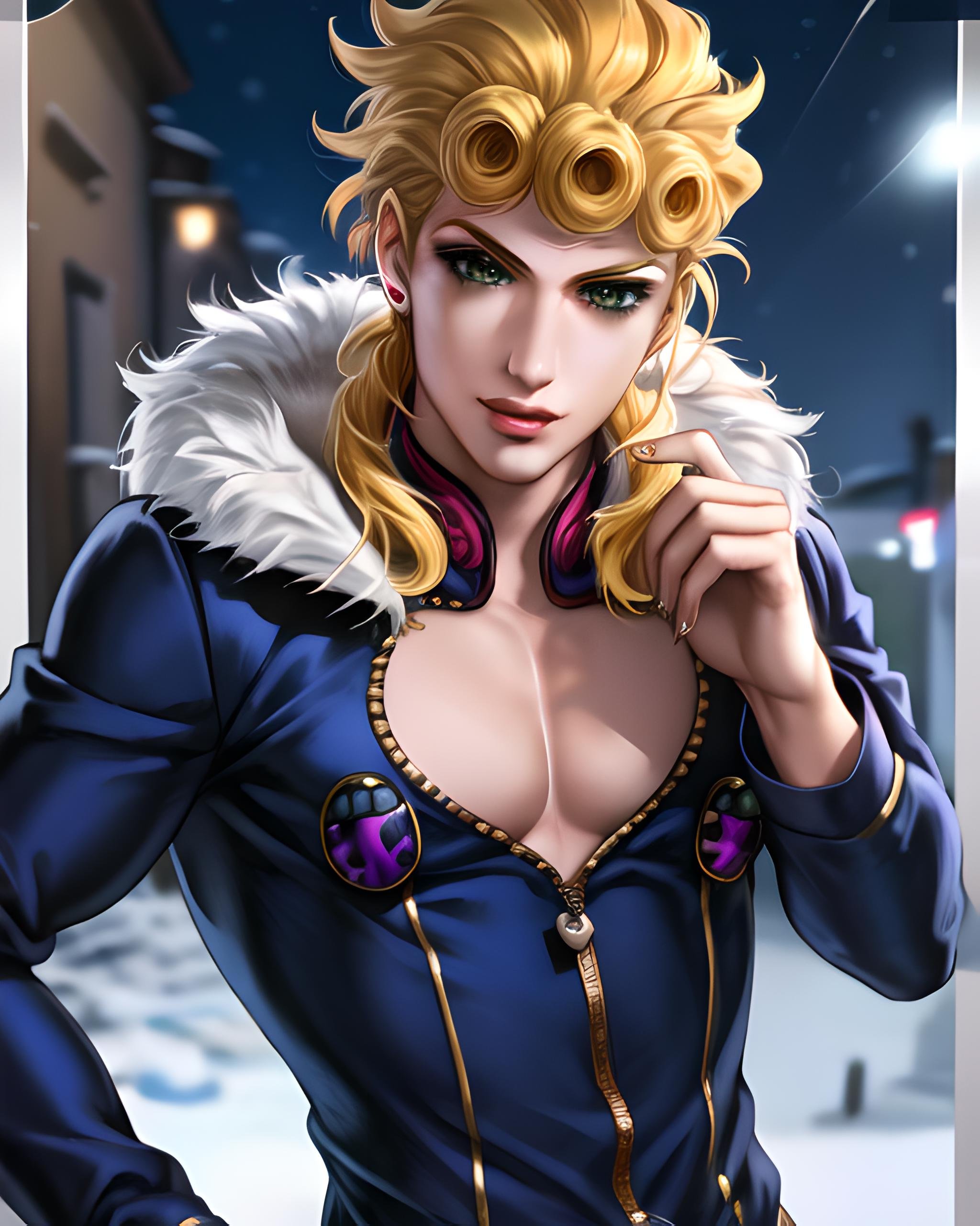 <lora:giornojojo:1.1> detailed face, perfect eyes irises pupils, nose, anime style, ((solo)). fullbody, giorno, jojo, winter coat, snow, 1boy, male, blonde hair, green eyes, eyelashes, clear eyes, character portrait ((colorful))    ((detailed background, italy, night lights, 4k)) <lora:dandonfugaStyleLora_dandonfugaAnythingV3:0.8> sakistyle  <lora:sakimiChanLora_v10:0.4>