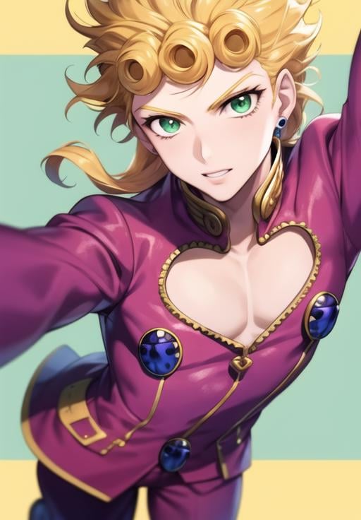 <lora:giornojojo:1.2> anime style, ((solo)). fullbody, pectorals, giorno, jojo, pink suit, pink top, 1boy, male, blonde hair, green eyes, eyelashes, clear eyes, character portrait ((colorful))    ((detailed background, italy, sunny, 4k))  