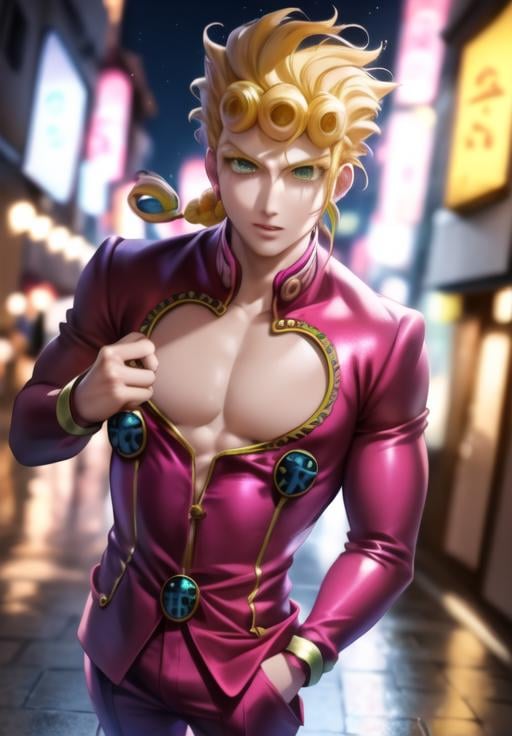 <lora:giornojojo:1.2> anime style, ((solo)). fullbody, pectorals, giorno, jojo, gionojojo, pink suit, pink top, 1boy, male, blonde hair, green eyes, eyelashes, clear eyes, character portrait ((colorful))    ((detailed dbackground, italy, night lights, 4k)) <lora:sakimiChanLora_v10:1> sakistyle