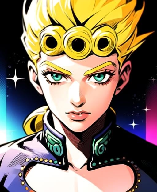 <lora:giornojojo:1.2> anime style, ((solo)). , halfbody, giorno, jojo, gionojojo, 1boy, male, blonde hair, green eyes, eyelashes, clear eyes, character portrait ((colorful))  <lora:TESTArakiHirohikoArt_v2:0.7> arakistyle artstyle