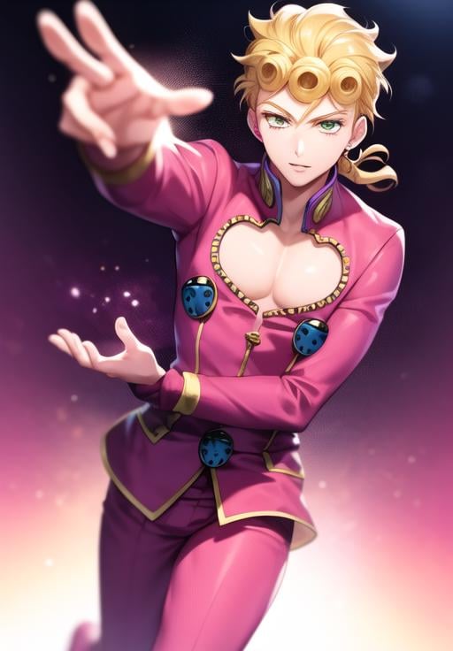 <lora:giornojojo:1.2> anime style, ((solo)). fullbody, pectorals, giorno, jojo, gionojojo, pink suit, pink top, 1boy, male, blonde hair, green eyes, eyelashes, clear eyes, character portrait ((colorful))    ((detailed dbackground, italy, night lights, 4k))