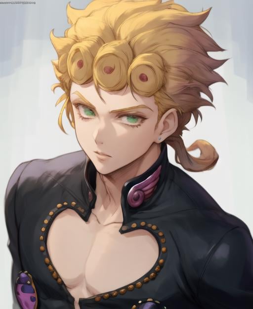 <lora:giornojojo:1.2> anime style, ((solo)). , halfbody, giorno, jojo, gionojojo, 1boy, male, blonde hair, green eyes, eyelashes, clear eyes, character portrait ((colorful))   <lora:robuttsStyleLora1MB_robuttsv1:1>