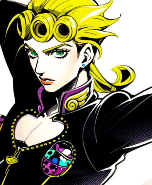 <lora:giornojojo:1.2> manga style, ((solo)). , halfbody, giorno, jojo, gionojojo, 1boy, male, blonde hair, green eyes, eyelashes, clear eyes, character portrait ((colorful))  <lora:TESTArakiHirohikoArt_v2:0.7> arakistyle