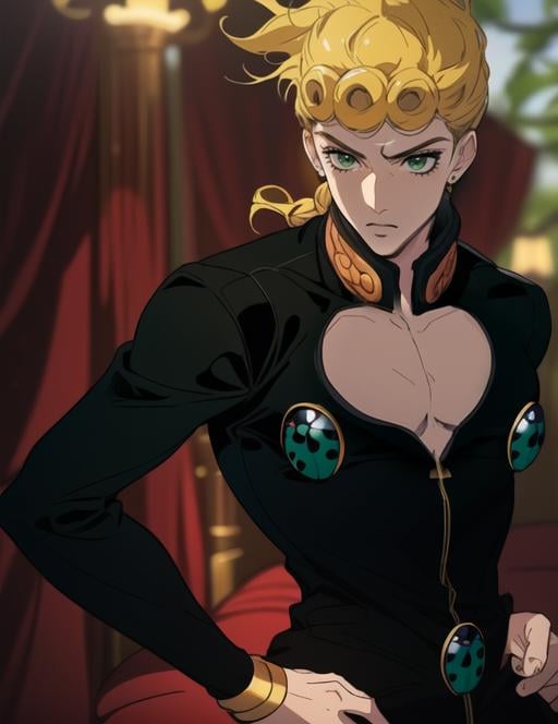 perfect face, beautiful lighting, dark theme, green eyes, highres, solo, 1boy, giornojojo, male focus, pectorals, chest, black outfit,  wing ornament, ladybug ornament, clothing cutout, blonde hair, semi realism, giorno, upper body, hand on hip, simple background,  manga, <lora:ANYgiornojojo:0.92> 