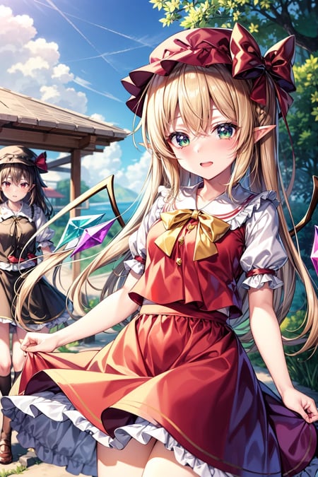 masterpiece:1.2, high quality, best quality, <lora:add_detail:0.8>, ,detailed_background,outdoors,green eyes,green skirt,bow,heart,skirt,flandre scarlet,hat bow,touhou,third eye,2girls,yellow ribbon,tearing up,red dress,frills,pointy ears,komeiji koishi,frilled shirt collar,black headwear,hiyuu (hiyualice),ribbon,mob cap,blonde hair,hat,heart of string,multiple girls,dress,red eyes