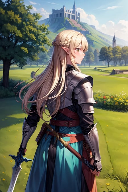 masterpiece:1.2, high quality, best quality, <lora:add_detail:0.8>, ,detailed_background,outdoors,holding sword,full armor,armor,1girl,facing another,height difference,long hair,absurdres,from behind,sword,breastplate,holding,helmet,kalmahul,weapon,the lord of the rings,sauron,highres,holding weapon,tolkien's legendarium,grass,shoulder plates,blonde hair,galadriel,1boy