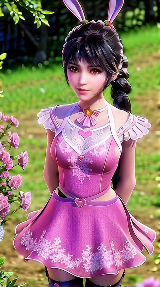 A girl,Rabbit ear,Black hair,Braid a braid,Pink skirt,Stockings,Wilderness,Blooming with flowers,a sea of flowers,garden,Blue Sky Background,,<lora:08cc9c57ef59bee85f9d8efe1acb8417859191fcce1bad911556cbfef549cd85:0.8>