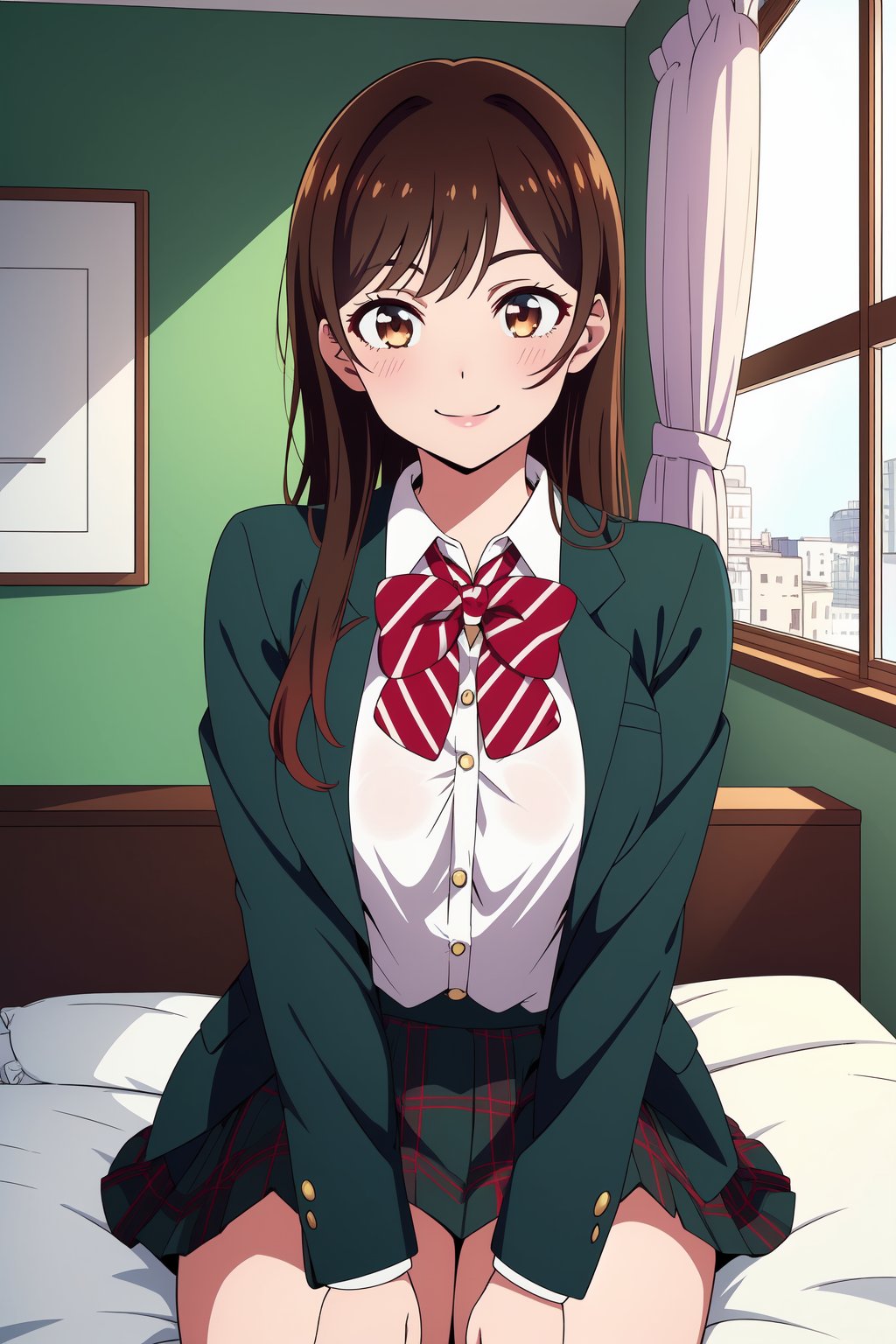 Kanojo anime lineart, Chizuru, 1girl, brown hair,long hair,bangs,one side up,braid, hair braid, brown eyes, breasts,

school uniform, bow, bowtie, buttons, green jacket, plaid skirt, ribbon, stripped bowtie,

smile,

looking at viewer, indoors, bedroom,

nsfw,highest quality, masterpiece, best quality, highly detailed, perfect scenery, perfect lighting, perfect scenery, uncensored, high resolution, unity 8k wallpaper, (illustration:0.8), beautiful detailed eyes, negative_hand, negative_hand-neg, uncensored,