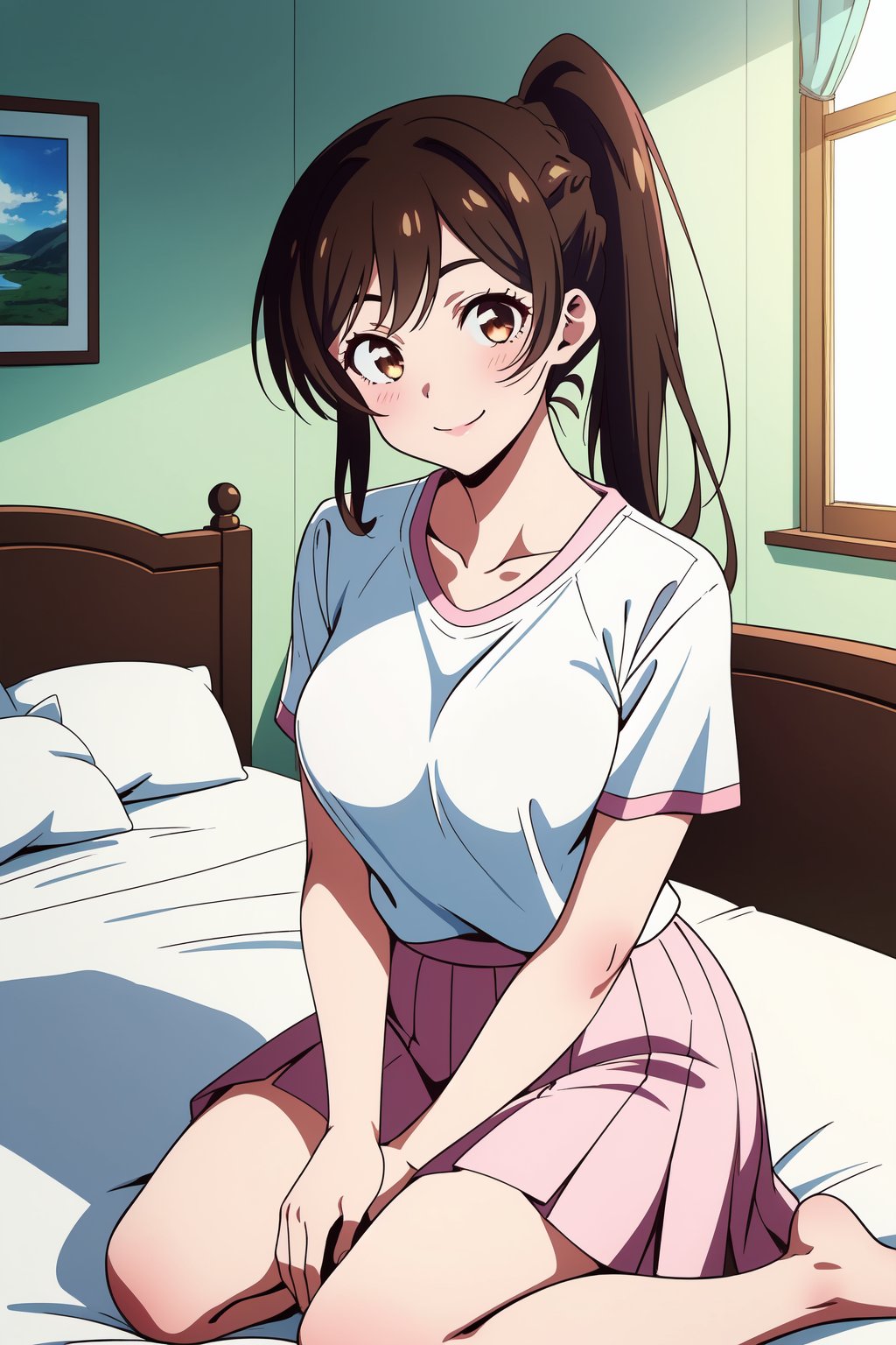 Kanojo anime lineart, Chizuru, 1girl, brown hair,long hair,bangs,one side up,braid, hair braid, brown eyes, breasts,

short sleeves, skirt, seiza, white shirt, t-shirt, shirt,  ponytail, 1girl,  pink skirt

smile,

looking at viewer, indoors, bedroom,

highest quality, masterpiece, best quality, highly detailed, perfect scenery, perfect lighting, perfect scenery, uncensored, high resolution, unity 8k wallpaper, (illustration:0.8), beautiful detailed eyes, negative_hand, negative_hand-neg, uncensored,