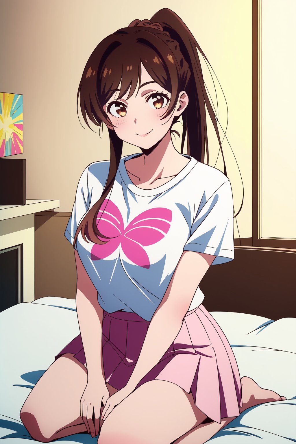 Kanojo anime lineart, Chizuru, 1girl, brown hair,long hair,bangs,one side up,braid, hair braid, brown eyes, breasts,

short sleeves, skirt, seiza, white shirt, t-shirt, shirt,  ponytail, 1girl,  pink skirt

smile,

looking at viewer, indoors, bedroom,

highest quality, masterpiece, best quality, highly detailed, perfect scenery, perfect lighting, perfect scenery, uncensored, high resolution, unity 8k wallpaper, (illustration:0.8), beautiful detailed eyes, negative_hand, negative_hand-neg, uncensored,