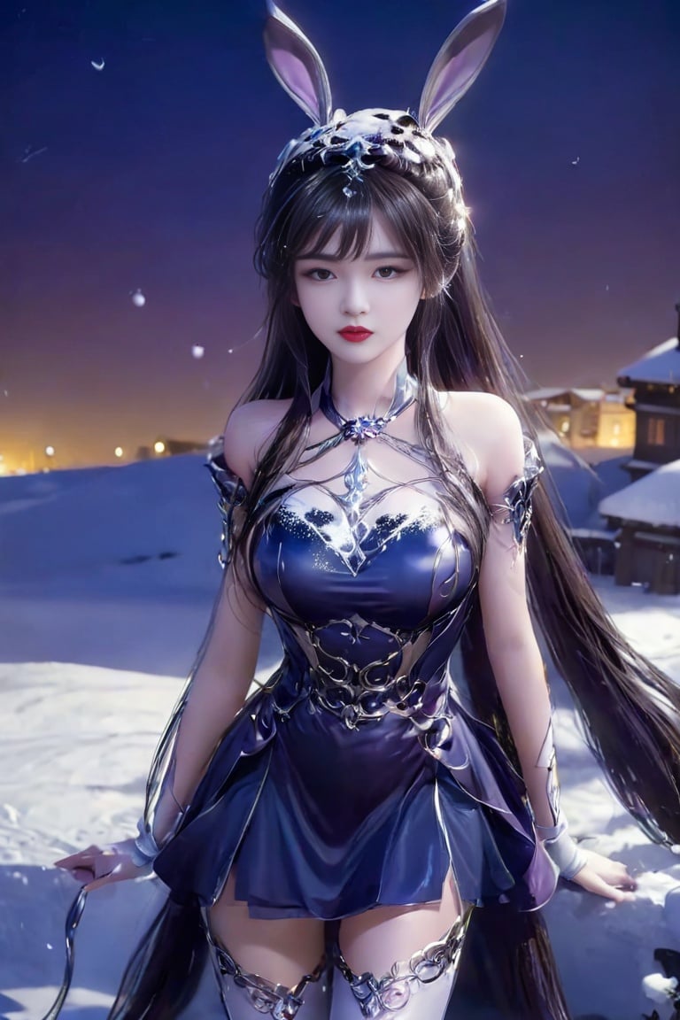 masterpiece,best quality,xiaowu,1girl,solo,snow,night,shiny,long hair,shiny hair,full_shot,lower_body,<lora:sdxllora-000011:1>,china_dress,