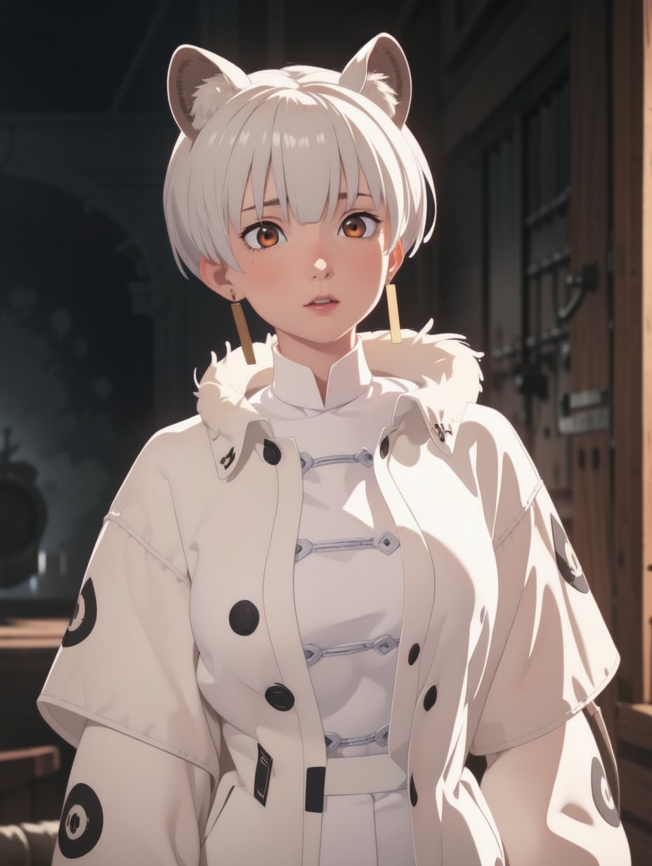 (masterpiece,  best quality),  intricate details,  8k,  artstation,  wallpaper,  official art,  splash art,  sharp focus, (1girl:1.4),  HitomiUzaki,  orange eyes,  white hair,  short hair,  large breasts,  badger_ears,  badger_tail,  body_fur  armorsuit,<lora:EMS-86378-EMS:0.700000>