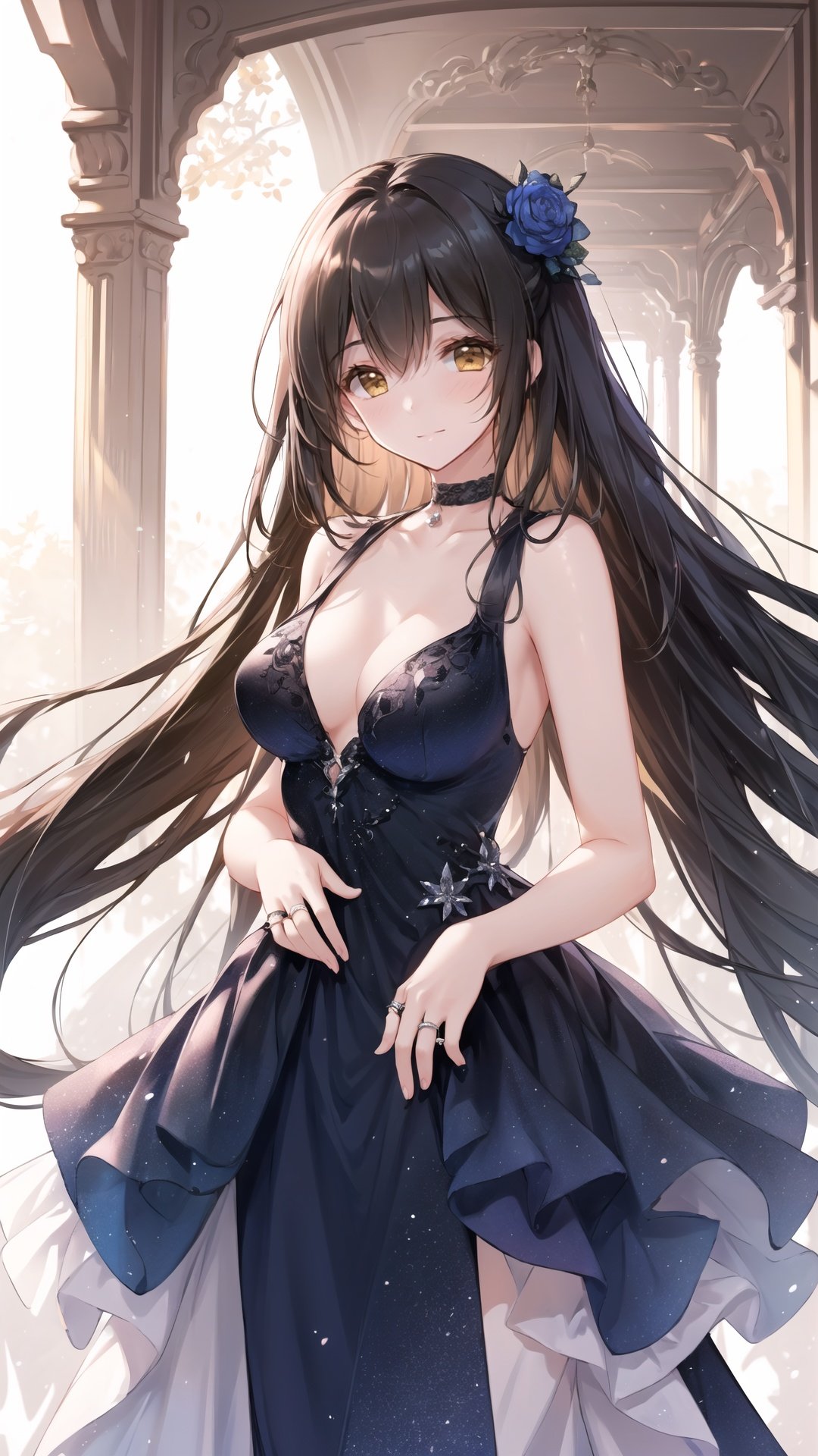  1girl, solo,tender,sister.brown_eyes, (blue_dress), bare_shoulders, blush, choker, cleavage, collarbone, halterneck, jewelry, large_breasts, light_particles, long_hair, looking_at_viewer, ring, smile, (evening_gown), cowboy_shot, side_slit, sleeveless_dress, sleeveless, (closed_mouth).
\BREAK\
white background,HDR, UHD, 8K, Highly detailed, best quality, masterpiece, realistic, Highly detailed, (EOS R8, 50mm, F1.2, 8K, RAW photo:1.2), ultra realistic 8k cg.