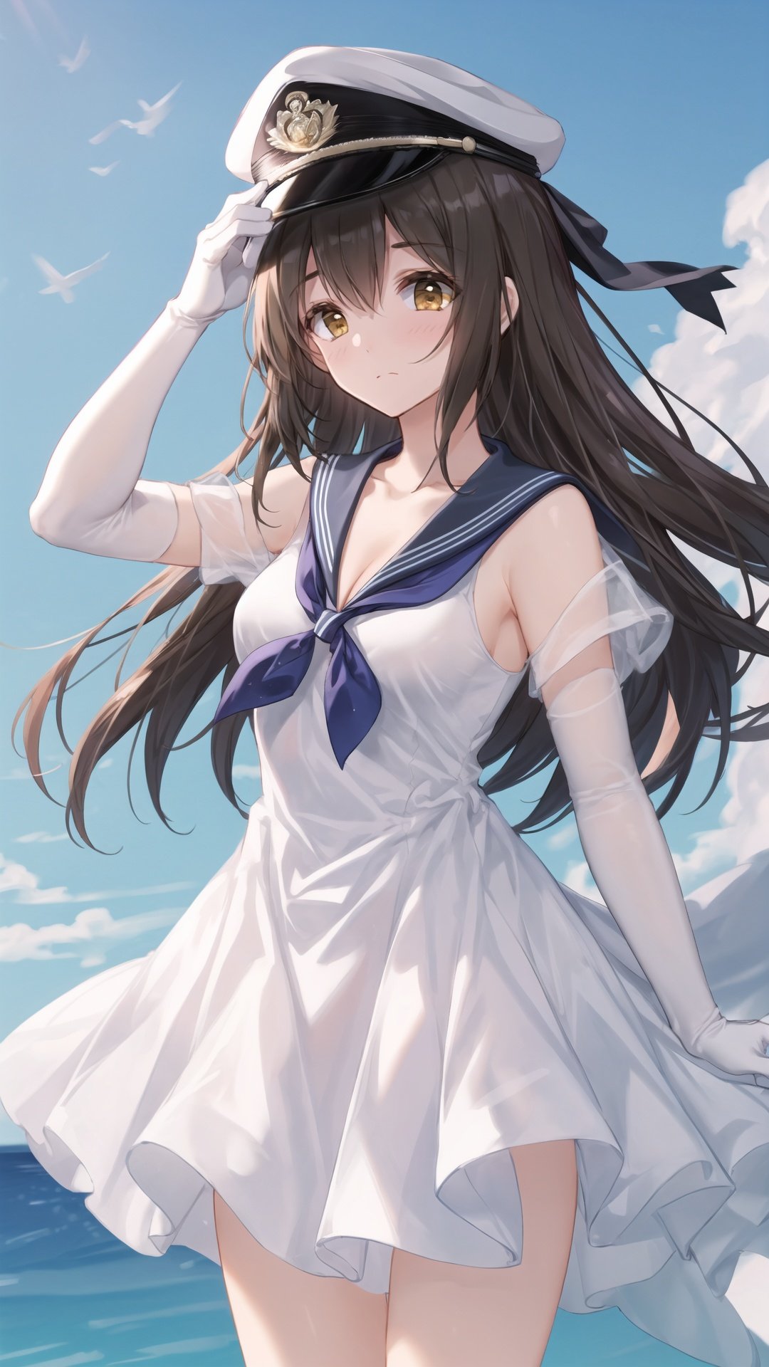  1mature girl,tender wifely,solo.beautiful detailed face,detailed eyes,(bare collarbone),brown hair,long hair,bangs,brown eyes,medium breasts,blue_sailor_collar,white_dress,sailor_dress,cleavage,elbow_gloves,white_gloves,(black_ribbon),white_headwear,collar_dress,peaked_cap/military_hat;looking at viewer,perfect female body;standing,cowboy shot.