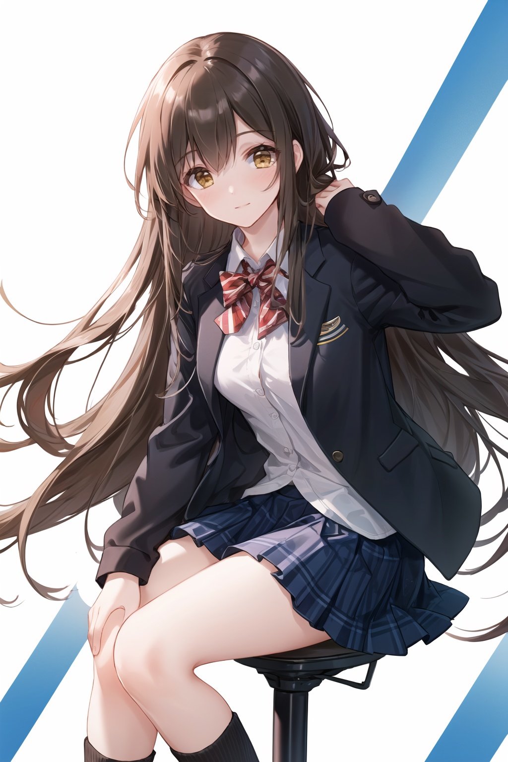  1girl,solo,tender, sister.long_hair,brown_eyes,blazer,blue_jacket,brown_skirt,long_sleeves,plaid_skirt,pleated_skirt,school_uniform,open_clothes,white shirt,large_breasts,open_jacket;;sitting,smile,closed_mouth,blush,looking_at_viewer.
\BREAK\
white background,HDR, UHD, 8K, Highly detailed, best quality, masterpiece, realistic, Highly detailed, (EOS R8, 50mm, F1.2, 8K, RAW photo:1.2), ultra realistic 8k cg.