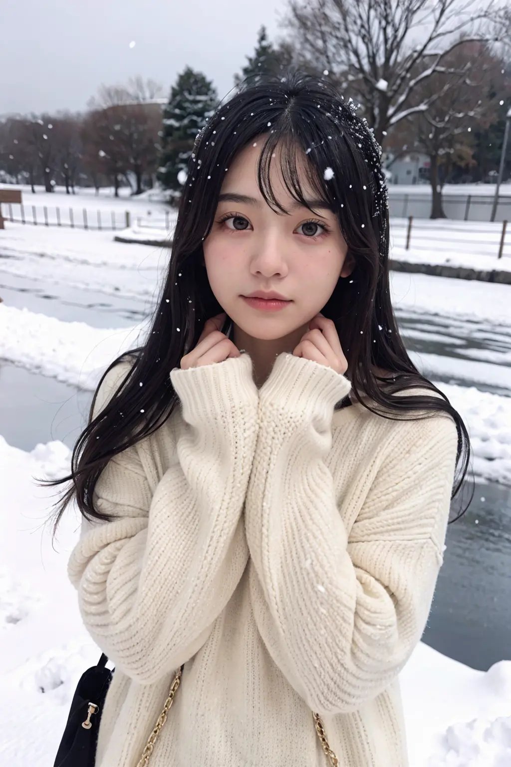 1girl,long hair,sweater, snowing background,hina-ai-girl