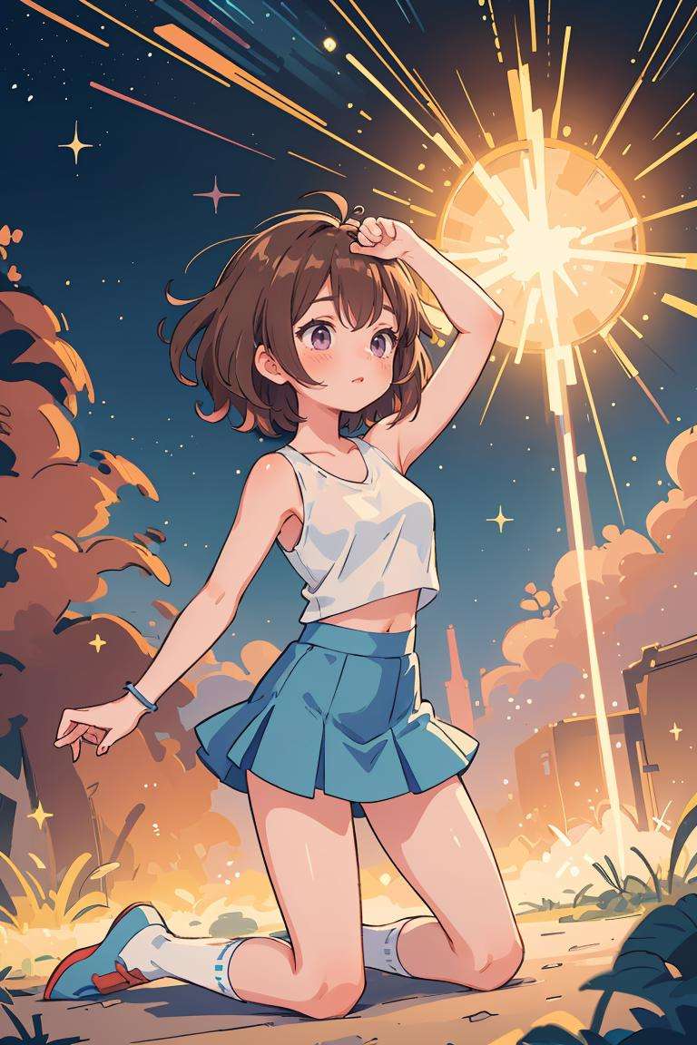 (masterpiece, best quality), 1girl, Mahogany Brown Textured Spiky Hair with Low Fade, Size G breasts, Light blue Sleeveless top and High-waisted sequin mini skirt with a sparkly shine, socks, Kneeling with one hand on the ground and the other raised to the sky, showing a connection to the universe.