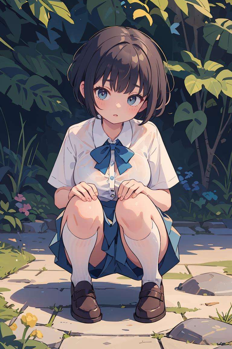 (masterpiece, best quality), 1girl, Slate Short Pixie Cut, Size H breasts, Medium blue Collared button-up blouse with a tied bow detail. and Pleated culottes, kneehighs, Crouching on the ground