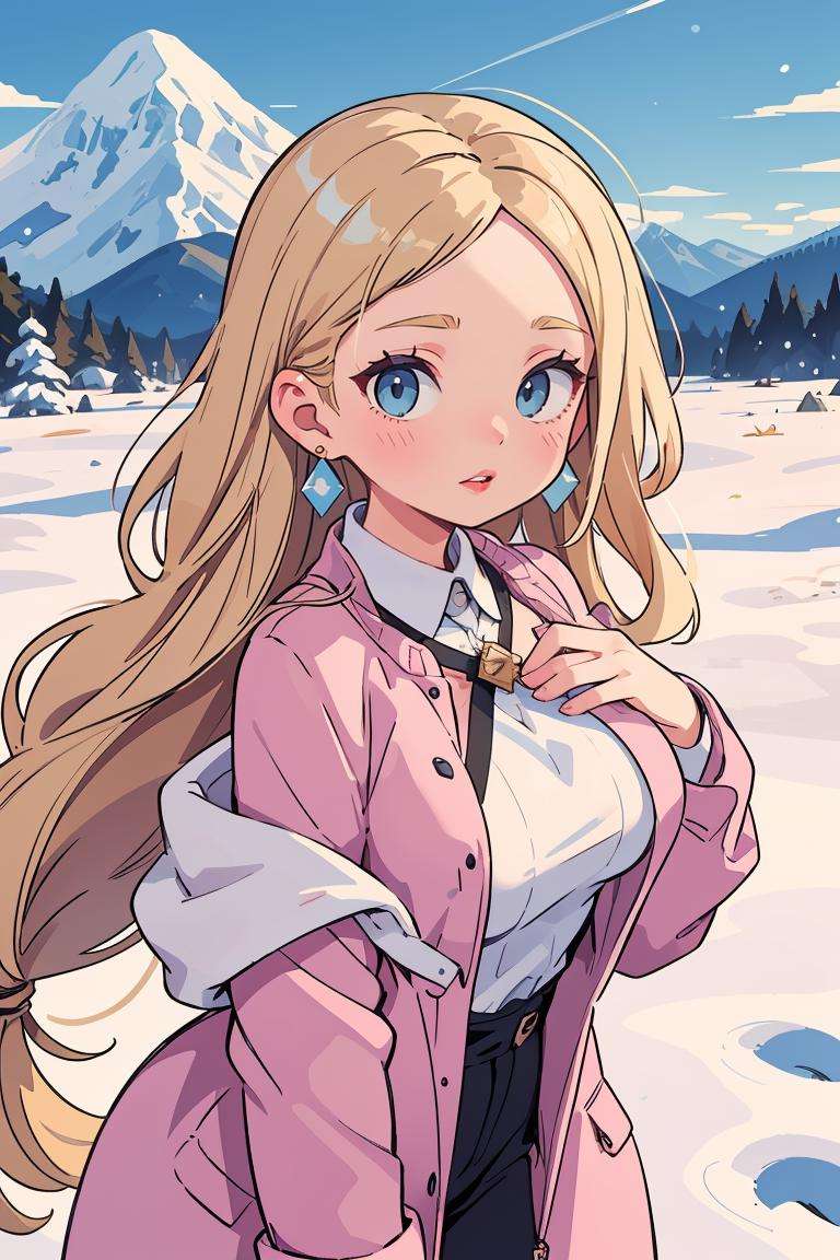 (masterpiece, best quality), Hard-Edge Painting, Toggle Coat, Belle, Tall, in shape, Diamond-Shaped Face, Olive Skin, Blonde Hair, grey-blue Eyes, Long Nose, Thick Lips, Prominent Chin, Long Hair, Thick Hair, Fishtail Braid, firm breasts, Faux gauge earrings, soft pink satin lipstick, a snow-capped mountain range against a clear winter sky